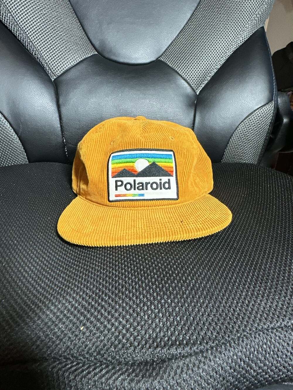 Polaroid Snapback Hat Mustard Yellow Corduroy Rainbow Mountain Patch